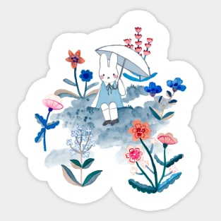 Bunny in the rain surrounded by flowers Sticker